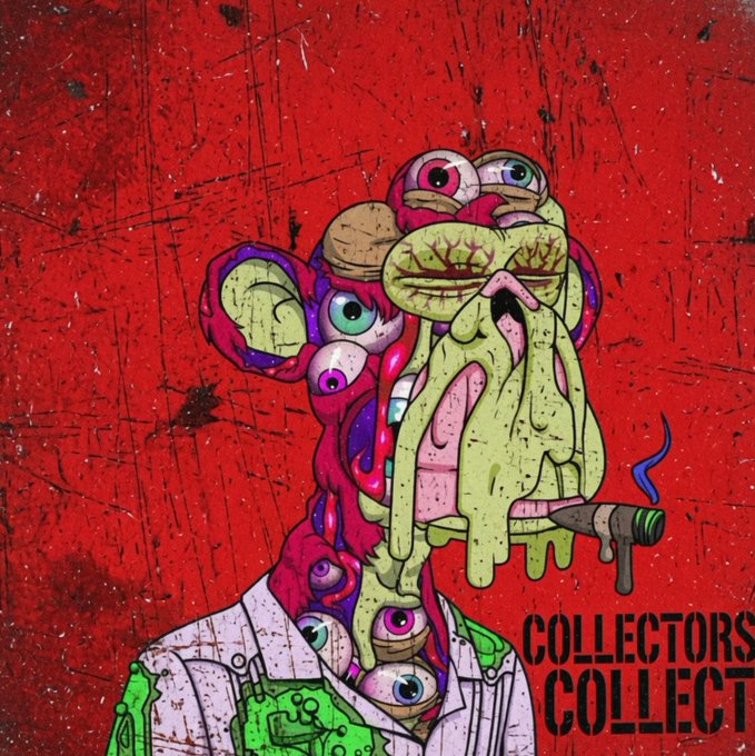 The image features a cartoon character dressed as a man with a white shirt, green pants, and a pink hat. The character appears to be smoking a pipe or cigar while holding a cigarette. The background of the image is red, which contrasts with the colorful attire of the character. The caption below the image reads "Collectors Collect", indicating that this artwork might be related to collectors' interests in unique or unusual art pieces.