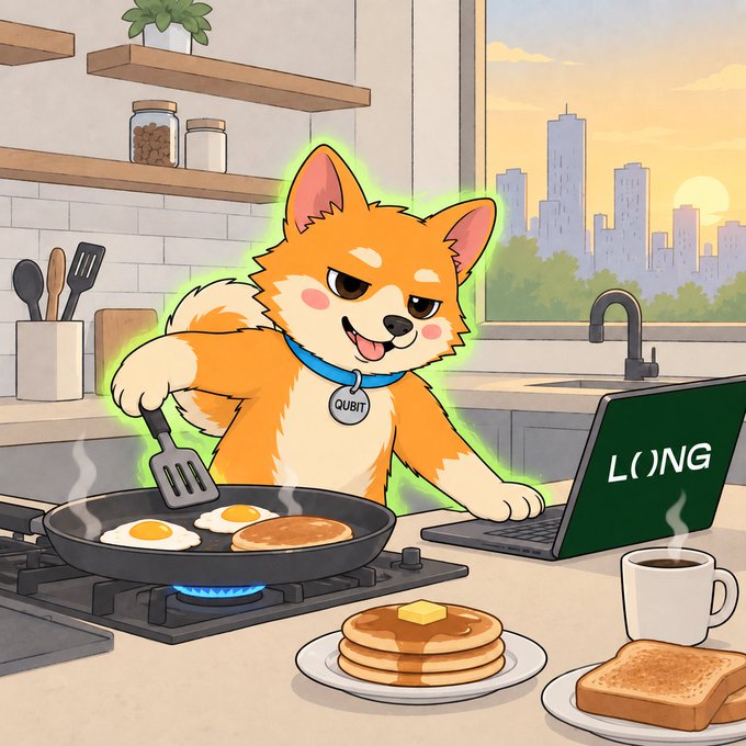 A cartoon illustration of an orange and white Shiba Inu dog wearing a blue 'QUBIT' collar, cooking eggs and pancakes in a kitchen while working on a laptop labeled 'LONG'.
