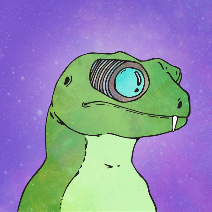 A digital illustration of a green dinosaur or lizard-like creature with a cybernetic eye implant against a starry purple cosmic background.