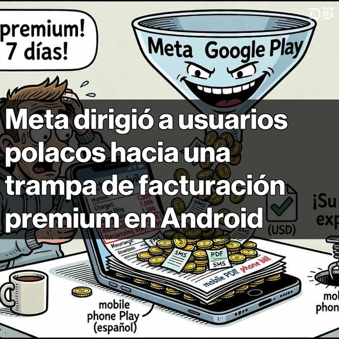 A cartoon illustration with Spanish text 'Meta dirigió a usuarios polacos hacia una trampa de facturación premium en Android' showing a Google Play funnel draining coins from a smartphone.