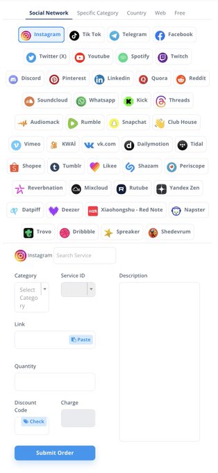 A social media service ordering platform displaying various platform icons like Instagram, TikTok, Facebook, and Twitter (X) under a 'Social Network' tab, with fields for service ID, link, quantity, and a 'Submit Order' button.
