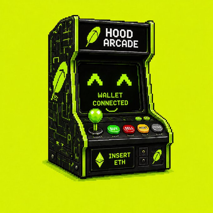 A pixel-art illustration of an arcade machine labeled 'HOOD ARCADE' displaying 'WALLET CONNECTED' with a Space Invader-style face, featuring 'INSERT ETH' and a pixel joystick with BUY/SELL/MINT/MORE buttons on a bright green background.