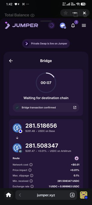 Screenshot of the Jumper mobile app showing a bridge transaction interface with a countdown timer (00:07), bridge transaction confirmed status, and swap details for USDC between Base ($281.48) and Arbitrum ($281.47) at jumper.xyz.