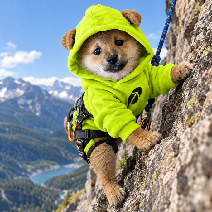 A small dog wearing a bright green bear hoodie and a climbing harness climbs a rocky cliff face with a scenic mountain and lake background.