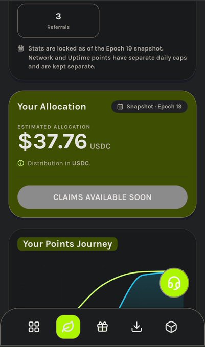 A mobile app screen showing an estimated allocation of $37.76 USDC from Snapshot Epoch 19, with claims available soon.