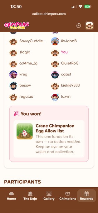 A mobile screenshot from collect.chimpers.com showing participants and a pink "You won!" pop-up notification for a "Crane Chimpanion Egg Allow list."