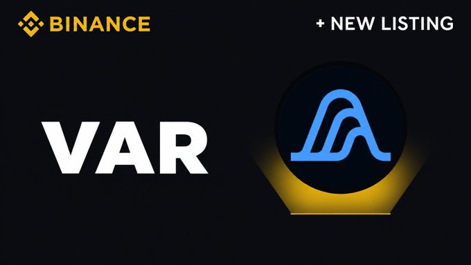 A Binance announcement graphic showing '+ NEW LISTING' for VAR token with the Binance logo and a blue wave icon.