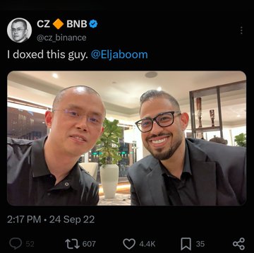 A tweet from CZ @cz_binance posted at 2:17 PM, 24 Sep 22, with the text 'I doxed this guy. @Eljaboom' featuring a selfie of CZ with another man.