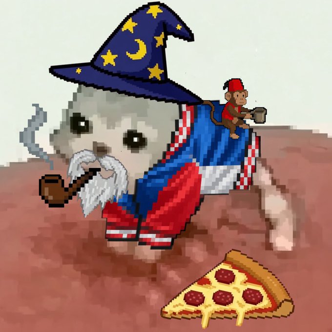 A pixel art illustration of a fluffy animal wearing a wizard hat and an American flag cape, smoking a pipe, with a monkey and a slice of pizza nearby.