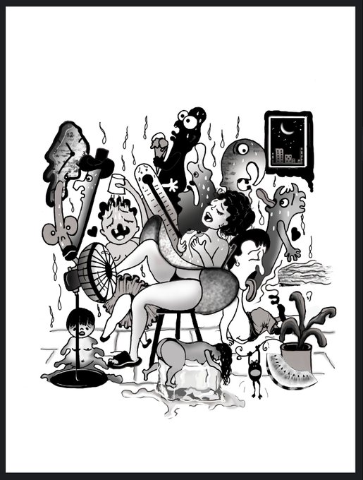 A black and white surrealist illustration features a chaotic scene with a central figure surrounded by strange creatures, including a horse head, an octopus-like being, and melting figures in a dreamlike environment.