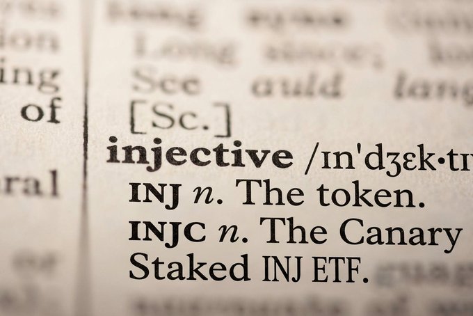 A dictionary entry mock-up defines the made-up word 'injective' with entries for 'INJ n.' and 'INJC n.' referencing a Canary Staked INJ ETF.