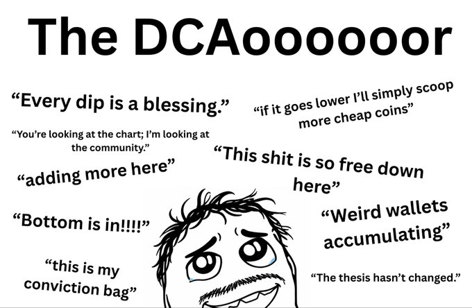 A meme featuring a "Wojak" character under the title "The DCAoooor," surrounded by phrases like "Every dip is a blessing," "Bottom is in!!!," "adding more here," and "This shit is so free down here," humorously depicting an enthusiastic investor's optimism during market dips. The phrases directly reinforce the post's message that every price drop is an opportunity to buy more.