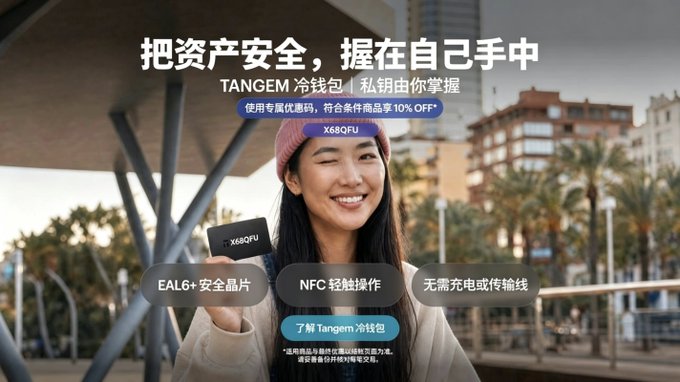 A smiling woman outdoors holds up a black Tangem X68QFU cold wallet card, with Chinese promotional text highlighting features like "EAL6+安全晶片" (EAL6+ security chip), "NFC 輕觸操作" (NFC tap operation), "無需充電或傳輸線" (no charging or cables needed), and a "10% OFF" promo code "X68QFU" for the Tangem 冷錢包. The image visually reinforces the post's argument by showcasing the wallet's convenience—its card-like form factor and NFC functionality directly address the pain points of traditional cold wallets that require cumbersome cables, button-pressing, and mnemonic phrase backups.