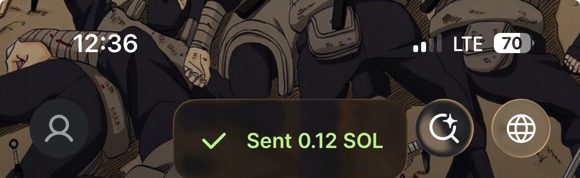 A phone lock screen with an anime-style wallpaper shows the time 12:36, an LTE signal at 70%, and a notification reading '✓ Sent 0.12 SOL'.