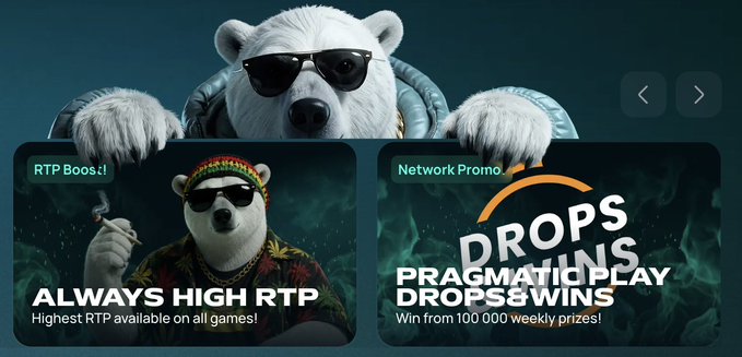 A promotional website features a polar bear wearing sunglasses above two sections labeled 'RTP Boos:! ALWAYS HIGH RTP' and 'Network Promo... DROPS PRAGMATIC PLAY WINS,' offering weekly prizes.