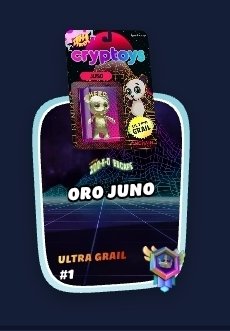 The image features a post about a game called "Ultra Grail" with an illustration of a character named Oro Juno. The post also includes a small figurine of Oro Juno, which is placed above the title "Ultra Grail". The post mentions that there are still two more games left to be pulled and congratulates @XrpMission for pulling the first game.