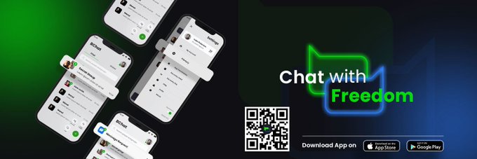 A promotional banner for a messaging app featuring phone mockups, the text 'Chat with Freedom', a QR code, and App Store and Google Play download badges.