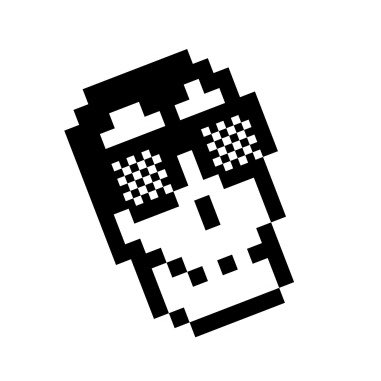 A pixelated black and white graphic resembling a stylized face or object.
