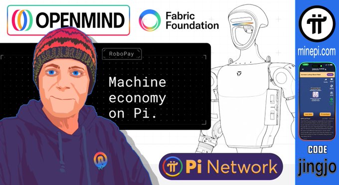 Promotional graphic featuring an illustrated man in a beanie alongside logos for OPENMIND, Fabric Foundation, and Pi Network (minepi.com), with text reading 'Machine economy on Pi' and a referral code 'jingjo'.