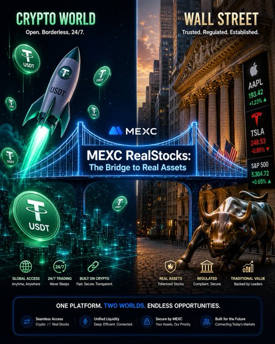 The image shows a poster for a cryptocurrency exchange called MEXC RealStocks. The poster features two different scenes representing the evolution of crypto exchanges over time, one with a bridge symbolizing the transition from traditional financial institutions to digital platforms like crypto exchanges. The other scene depicts a bull and a rocket, symbolizing the growth and expansion of crypto exchanges in the financial world. The post also mentions that trading US stocks via crypto means buying synthetic derivatives, which is an interesting development in the cryptocurrency space.