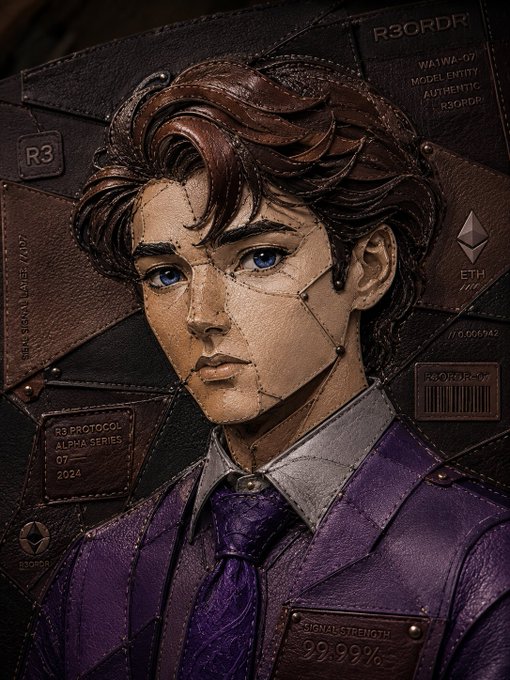 A stylized portrait of a young man with brown hair, blue eyes, and visible facial cracks/scars, wearing a purple suit, set against a dark background featuring leather textures and R3ORDR branding.