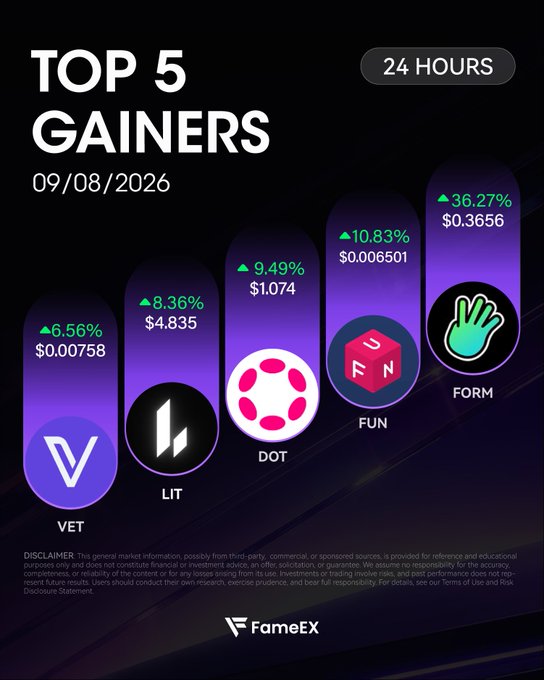 A graphic titled 'TOP 5 GAINERS' for 09/08/2026 displays 24-hour price increases for the cryptocurrencies VET (+6.56%), LIT (+8.36%), DOT (+9.49%), FUN (+10.83%), and FORM (+36.27%) on the FameEX platform.
