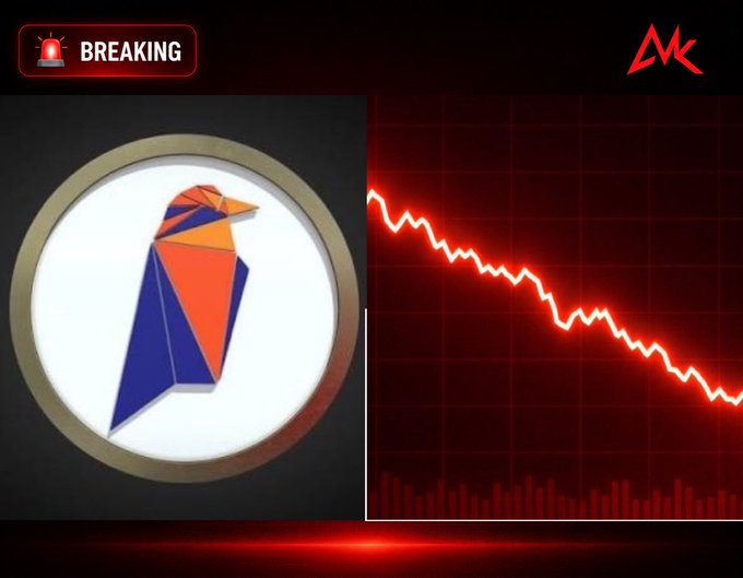 A breaking news graphic featuring a geometric bird logo on the left and a red downward trending line graph on a dark red background.