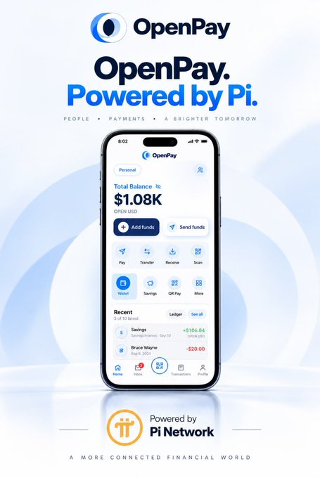 A promotional graphic for the 'OpenPay' app, 'Powered by Pi', displaying a smartphone interface with a total balance of $1.08K and various features like Pay, Transfer, Receive, and Scan, noting it is 'Powered by Pi Network'.