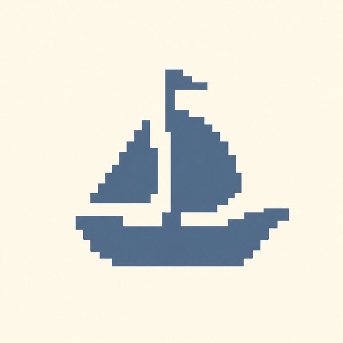A pixelated blue silhouette of a sailboat with two sails on a cream background.
