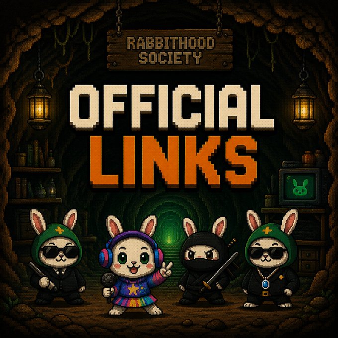 A pixel art graphic titled "RABBITHOOD SOCIETY OFFICIAL LINKS" features four rabbit characters in a cave setting, serving as a visual reminder for users to bookmark verified links before the upcoming Hunt #05 mint. The dark, retro-style imagery reinforces the "stay safe" message by warning collectors to rely only on official sources.