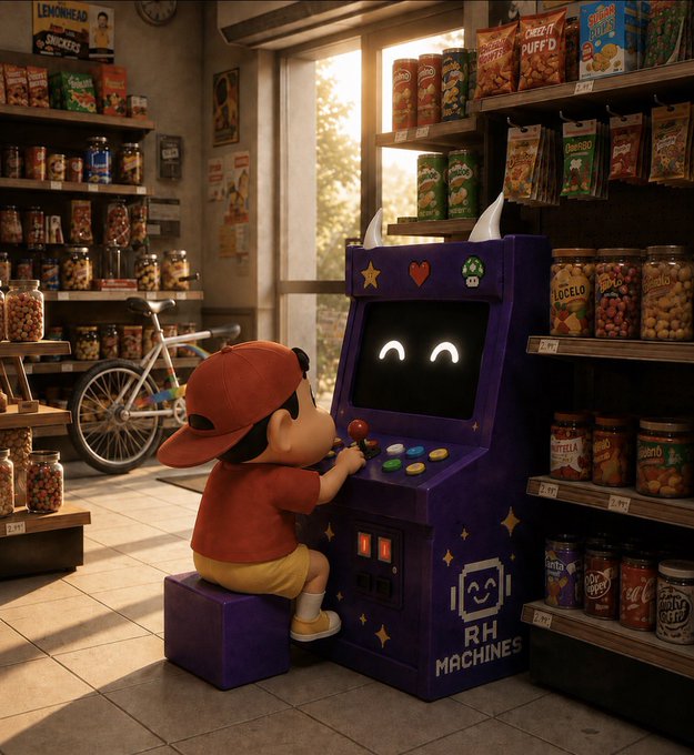 A child wearing a red cap and shirt sits on a purple box playing an arcade machine labeled "RH MACHINES" with a smiling face on its screen, set inside a nostalgic convenience store stocked with snacks and jars labeled "Locero." The cozy retro setting ties into the post's playful nod to crypto culture, suggesting the arcade machine symbolizes a "money printer" while the kid enjoying the game represents early adopters discovering where "alpha" is made—ties neatly to the $PRINTER token ad on the arcade.