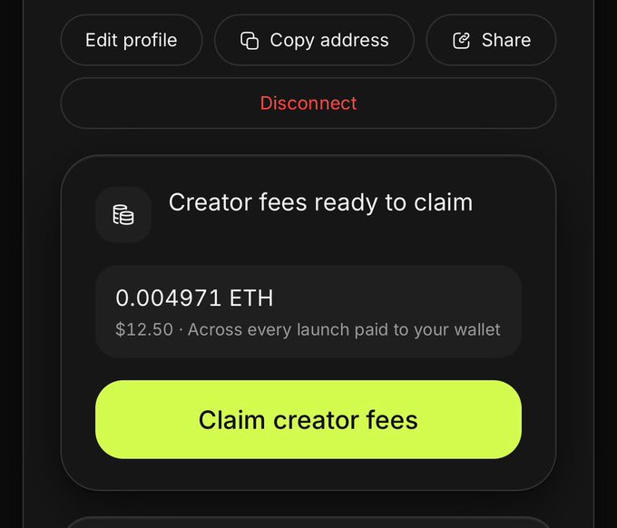 A cryptocurrency wallet interface showing creator fees of 0.004971 ETH ($12.50) ready to claim with a bright yellow-green 'Claim creator fees' button, along with Edit profile, Copy address, Share, and Disconnect options.