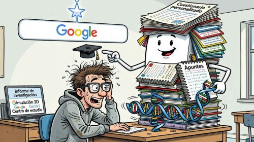 A cartoon illustration showing a stressed student at a desk facing a giant stack of papers and notebooks representing 'Cuestionario personalizado' and 'Apuntes', with Google search and a graduation cap above.