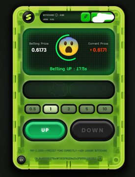 A green-themed crypto betting interface displaying a "Betting UP +17.3%" status for Bitcoin (BTC) with "UP" and "DOWN" buttons.
