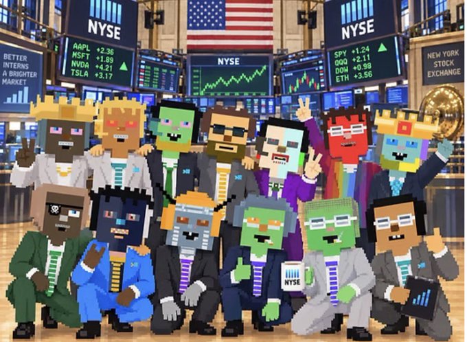 A pixel-art style group portrait of diverse characters wearing crowns and business attire posing in front of the New York Stock Exchange (NYSE) trading floor with visible stock tickers including AAPL, MSFT, NVDA, TSLA, SPY, QQQ, DOW, and ETH.