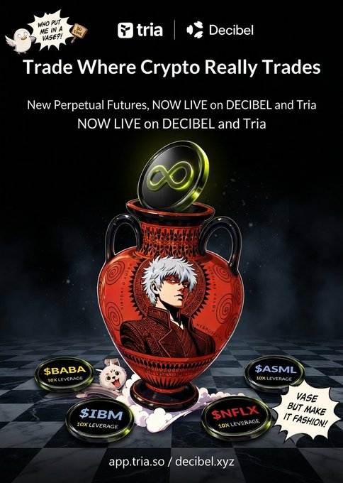 An advertisement for 'tria' and 'Decibel' cryptocurrency exchanges featuring a red Greek-style vase with a character illustration, promoting perpetual futures trading for $BABA, $ASML, $IBM, and $NFLX with 10X leverage.