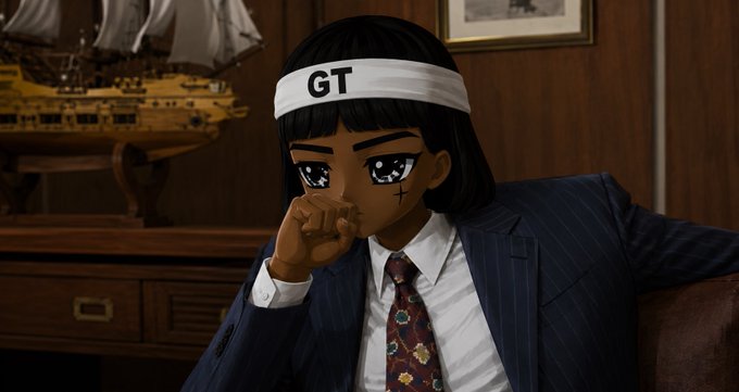 An anime-style character with a white headband labeled 'GT', wearing a suit and patterned tie, sitting in a room with a model ship and framed picture in the background.