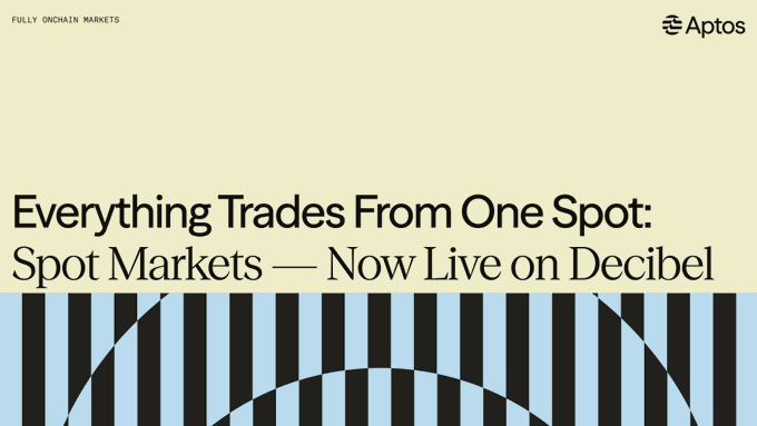 A pale yellow and blue graphic headlined "FULLY ONCHAIN MARKETS" and "Everything Trades From One Spot: Spot Markets — Now Live on Decibel," featuring the Aptos logo, visually reinforces the announcement of Decibel's expanded trading engine on Aptos, which has surpassed $5.8B in volume.