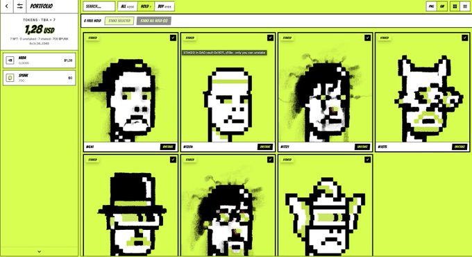 A pixel-art style 'e-PIEZ NFT' marketplace interface with a yellow-green background, displaying a portfolio value of '1.28 USD' and a grid of seven pixelated NFT character avatars.