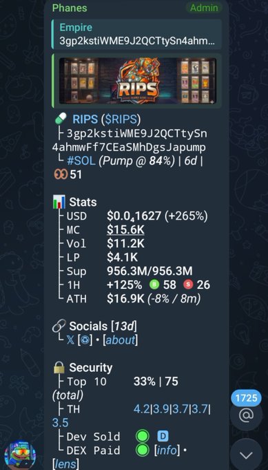 Phanes Bot admin view showing a Solana memecoin called RIPS ($RIPS) with a market cap of $15.6K, supply of 956.3M, and various security and social stats.
