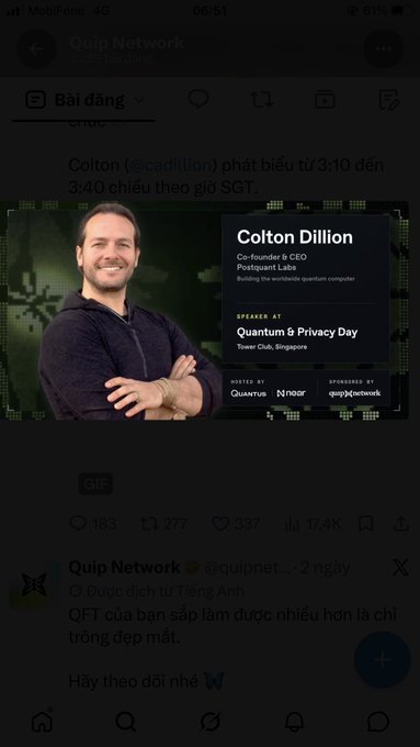 A social media post announcing Colton Dillion (@cadillion) as a speaker at 'Quantum & Privacy Day' in Singapore, posted by Quip Network (@quipnetwork).