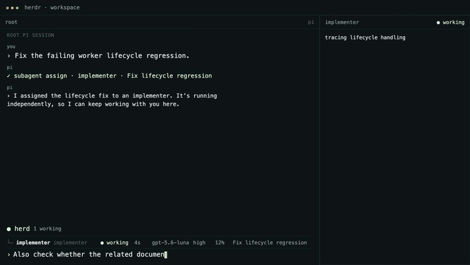 A terminal interface showing a multi-agent coding session called 'herd' with 'root', 'pi', and 'implementer' working on fixing a 'failing worker lifecycle regression.'
