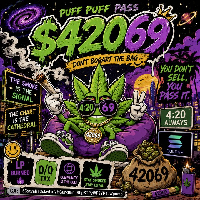 The image shows a colorful graphic design featuring a purple marijuana leaf, holding up a green peace sign surrounded by various other props that are associated with theSolana cryptocurrency. The design also features different symbols such as a burned cigarette symbolizing the smoke signal, a bag for prayers representing the cryptocurrency's connection to Solana, and a chart depicting the cryptocurrency's value over time or a specific period of time. Overall, it is an eye-catching display that highlights the relationship between the graphic design elements and the Solana cryptocurrency.
