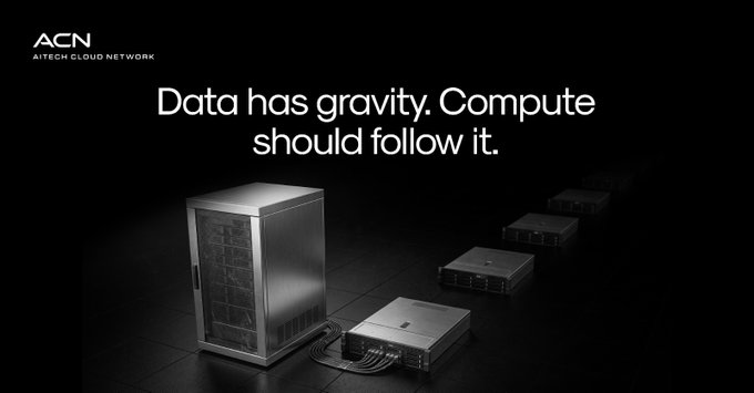 The image shows a sleek promotional graphic for "ACN AITECH CLOUD NETWORK" featuring the tagline "Data has gravity. Compute should follow it." displayed prominently above a lineup of server hardware, including a tall storage rack and several smaller networked compute units, visually reinforcing the concept of bringing processing power directly to where data is stored rather than transferring massive datasets elsewhere.