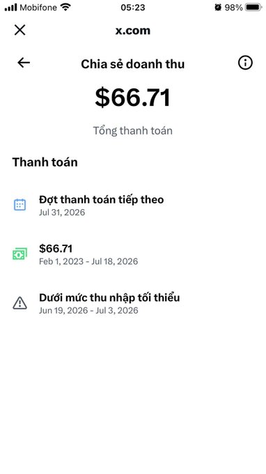 A Vietnamese-language X.com revenue share payment screenshot showing a total payment of $66.71 with upcoming payment scheduled for Jul 31, 2026.
