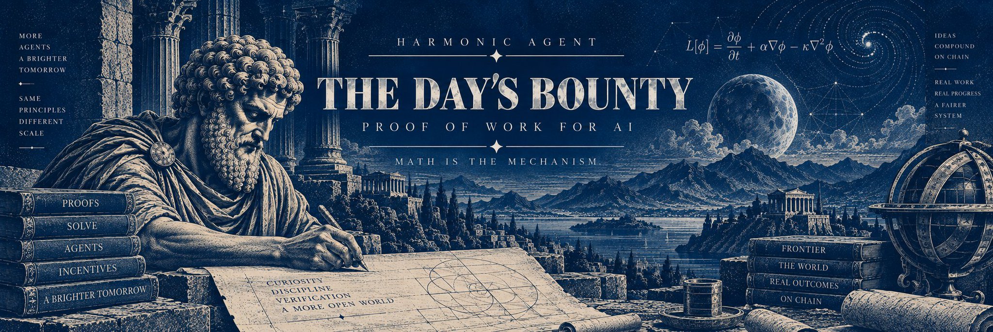 A stylized blue-toned promotional graphic titled 'HARMONIC AGENT - THE DAY'S BOUNTY - PROOF OF WORK FOR AI' featuring a classical Greek/Roman scholar statue writing, with mathematical equations and taglines like 'MATH IS THE MECHANISM' and 'A MORE OPEN WORLD'.