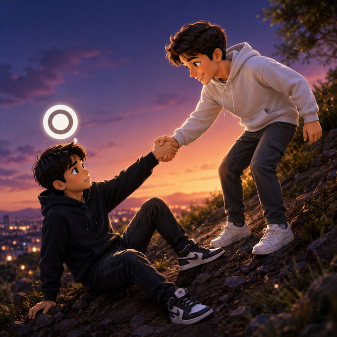 An animated-style illustration of two boys on a hillside at sunset, with one standing and reaching down to help the seated boy up by the hand; a glowing circular icon hovers above the seated boy's head.