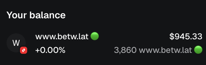 A crypto wallet screenshot shows a balance of $945.33 alongside 3,860 "www.betw.lat" tokens (marked with a green dot) with a 0.00% change, illustrating the scam tokens referenced in the post that were sent to the user's wallet as a potential wallet-draining attack.