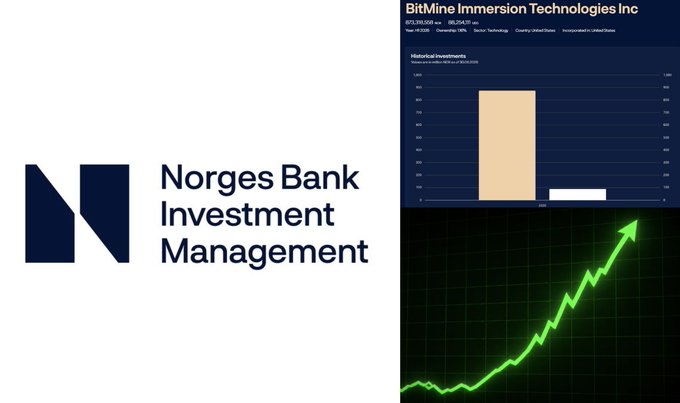 The image features the Norges Bank Investment Management logo alongside a chart showing BitMine Immersion Technologies Inc ($BMNR) with an $88,754,011 investment and a green upward-trending arrow, illustrating Norway's sovereign wealth fund's significant $88 million stake in BMNR.