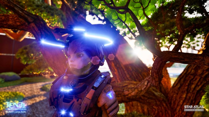 A 3D-rendered sci-fi character wearing an illuminated helmet with blue glowing lights, standing beneath trees in 'Star Atlas' game artwork, with 'TENL Corporation' and 'PlanetCorp5000' watermarks visible.